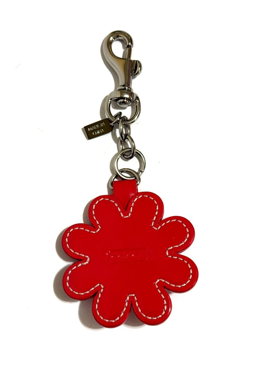NEW Coach Peach Leather Crystal Floral Daisy Key Fob Key Chain Bag