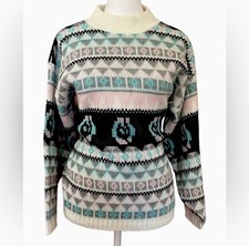 VTG 1980s fair isle geometric granny Cosby pastel  black turtleneck sweater M