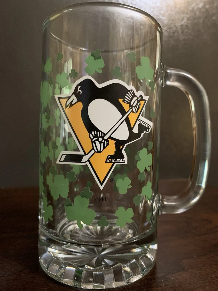 NHL Pittsburgh Penguins RARA edición 6” Hvy. Taza de vidrio * trébol * estampado de trébol usada en excelente estado Foto 3 de 4