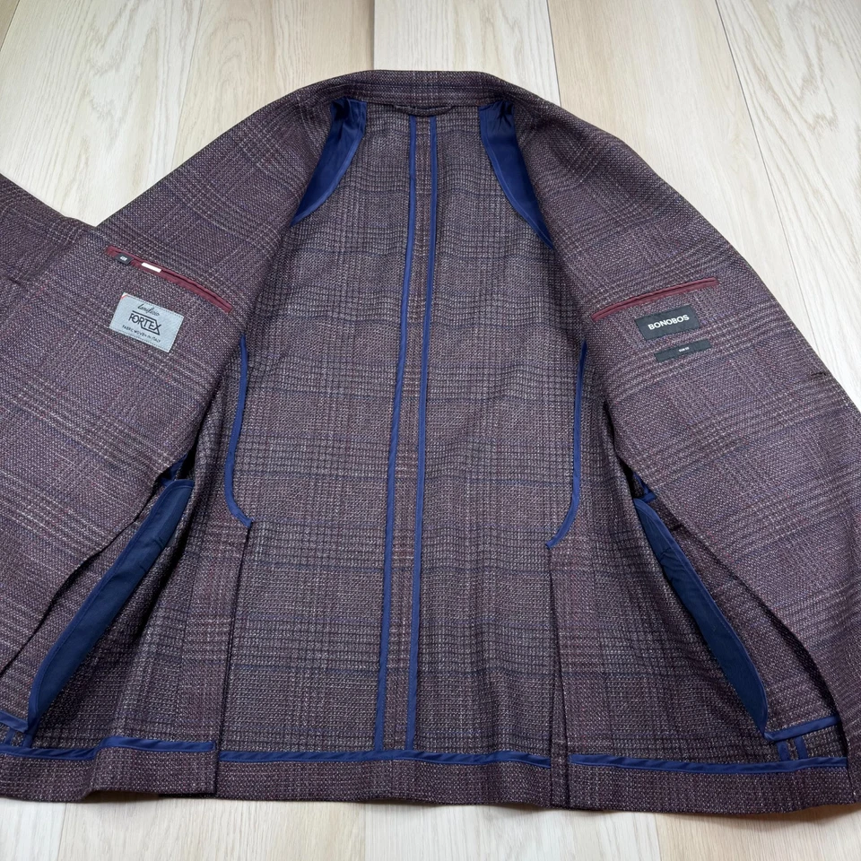 Blazer Bonobos Para Hombres Púrpura A Cuadros Sin Construir Lana Italiana Calce Ajustado Talla 40R Foto 3 de 4