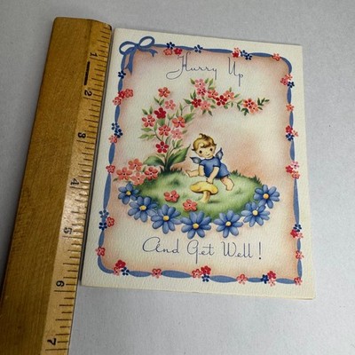 Vintage Get Well Soon Greeting Card Blue Bird Flowers Mid Century Ephemera