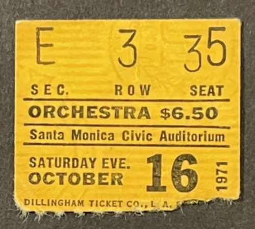 Pink Floyd 10-16-1971 Concert Ticket Stub Santa Monica California Meddle Tour