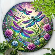 1pc 2D Round Aluminum Wall Art - Vibrant Dragonfly & Floral Design,Durable Reusa