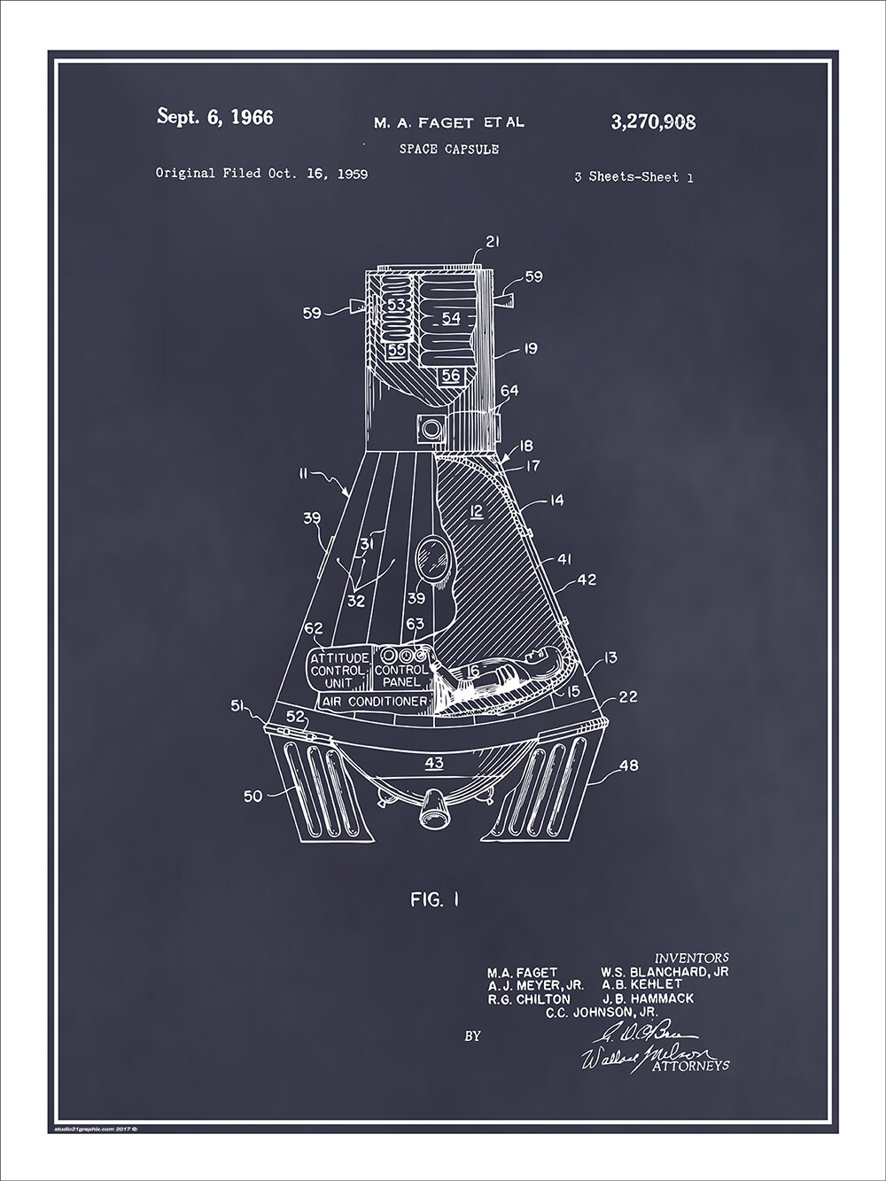 1966 NASA Mercury Space Capsule Patent Print Art Drawing Poster