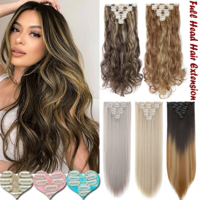 Balayage Clip In 100% Real Long as Human Hair Extensions Full Head