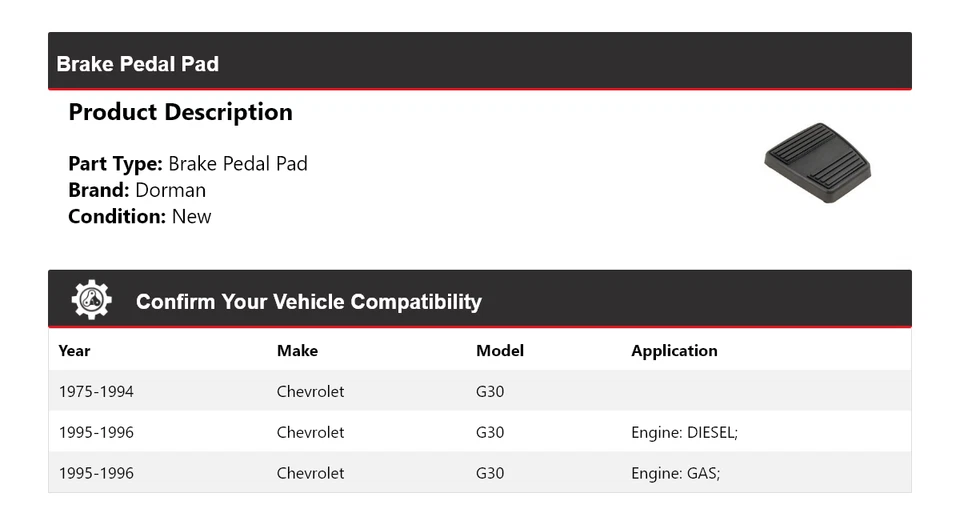 Pastilla de pedal de freno para Chevrolet G30 Dorman 1975-1996 1976 1977 1978 1979 1980 1981 Foto 2 de 4