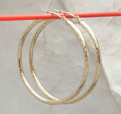 1.5'' Diamond Cut Hoop Earrings REAL 10K Yellow Gold 2mm X 40mm FREE SHIPPING