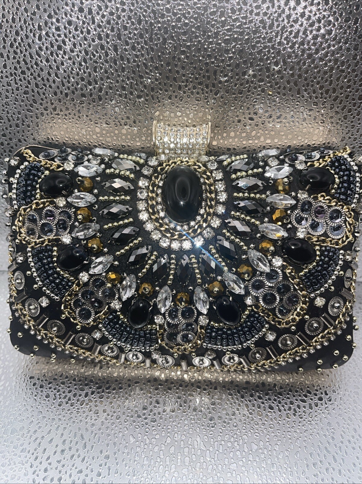 Beaded Rhinestone Women's Clutch Evening Bag Black Gold Silver Formal Purse