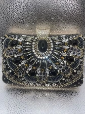 Beaded Rhinestone Women's Clutch Evening Bag Black Gold Silver Formal Purse