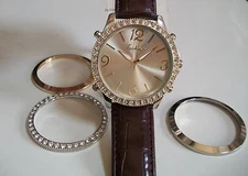 Men's Bling Brown Leather Band Gold Finish Extra Bezels Fashion Dressy Watch