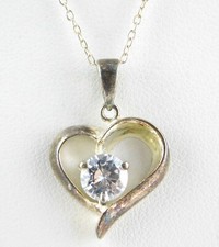 Sterling Silver White Round Cut Cubic Zirconia Heart Pendant Necklace 925