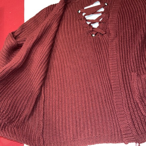 3XL Burgundy Knit Open Front Cardigan Chunky Knit Sweater Laced Up Back Pockets - Picture 8 of 12