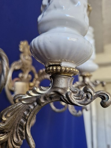 Antique French Brass Ceramic Single Bulb Wall Lamp - Picture 8 of 16