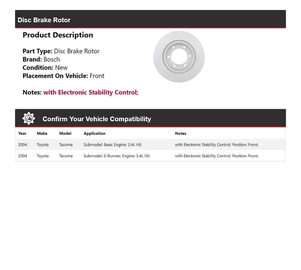 Rotor de freno de disco delantero para Toyota Tacoma 2004 3,4 L V6 Bosch QuietCast Foto 2 de 4