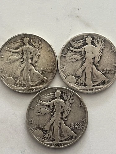 Walking Liberty Half Dollar Silver Coins Lot 1918s, 1943s, 1946 + Free 40% half