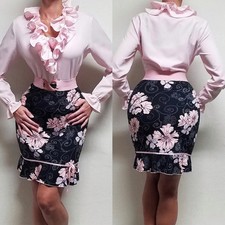 70s Vintage Carmelton Pink Ruffle Blouse Floral Belted Mini Skirt 3 Piece Set L