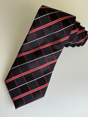 Bergamo New York Silk Tie Black Red Silver Geometric Plaid 59  x 3 