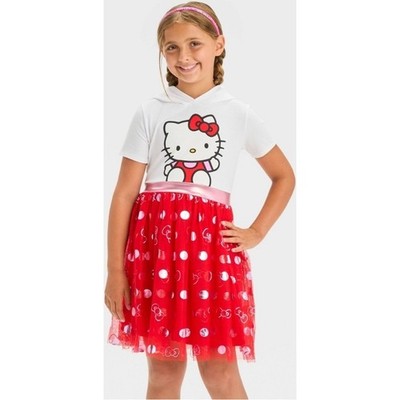 Hello Kitty Dress Hooded Dress Red Polka Dot Tulle Skirt Girls Size L 10/12 NWT
