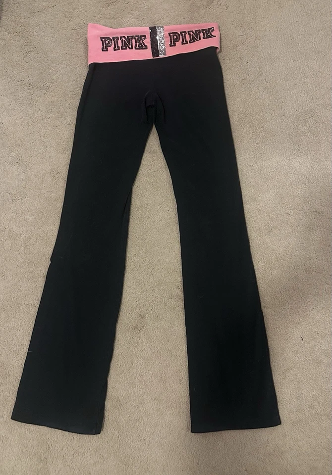 Victoria’s Secret Pink Black And Pink Bling Foldover Flare Leggings S - Image 4 of 4
