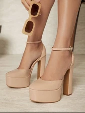 SHEIN Beige Faux Leather Platform Block 5” Heel Ankle Strap Women's Size 8