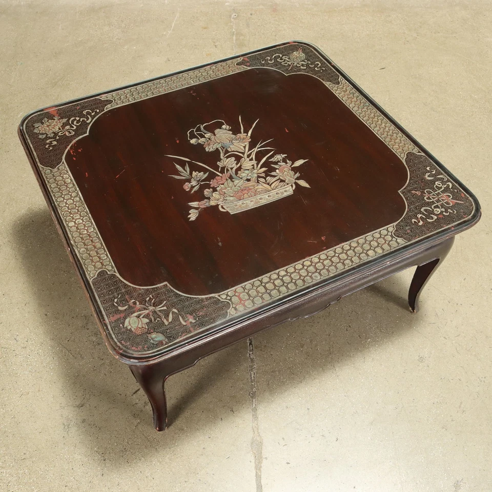 Table Basse Ancienne Style Chinois '900 Bois Exotique Gravé Laqué - Photo 3/4