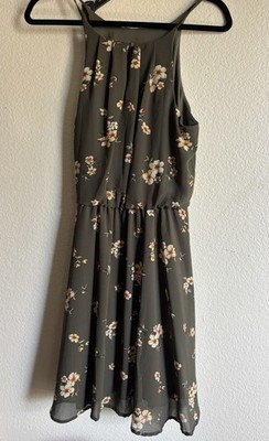 Blue Rain Floral Halter Neck Dress Olive Green Chiffon Fit Flare L Womens