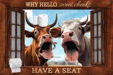 Hello Sweet Cheeks Bathroom highland cow Tin Metal Signs Home D cor 8x12