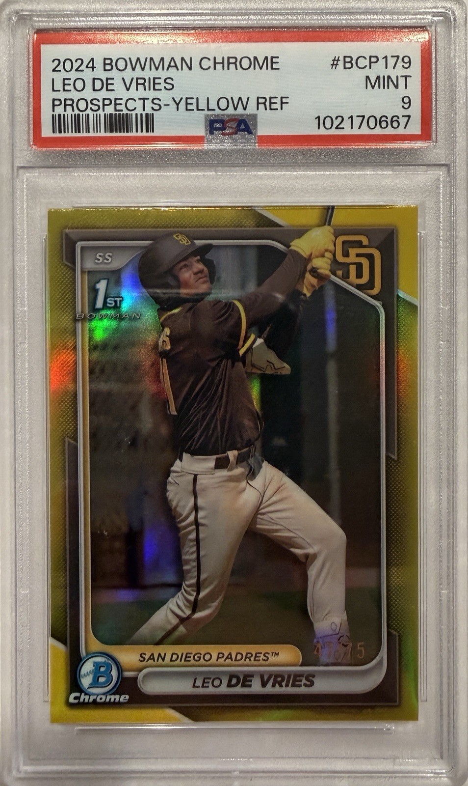 2024 Bowman Chrome - Prospects Leo De Vries #BCP-179 Yellow Refractor /75 PSA 9