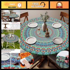Boho Waterproof Vinyl Round Tablecloth - Fitted Cover for 36-44" Tables, Outdoor
