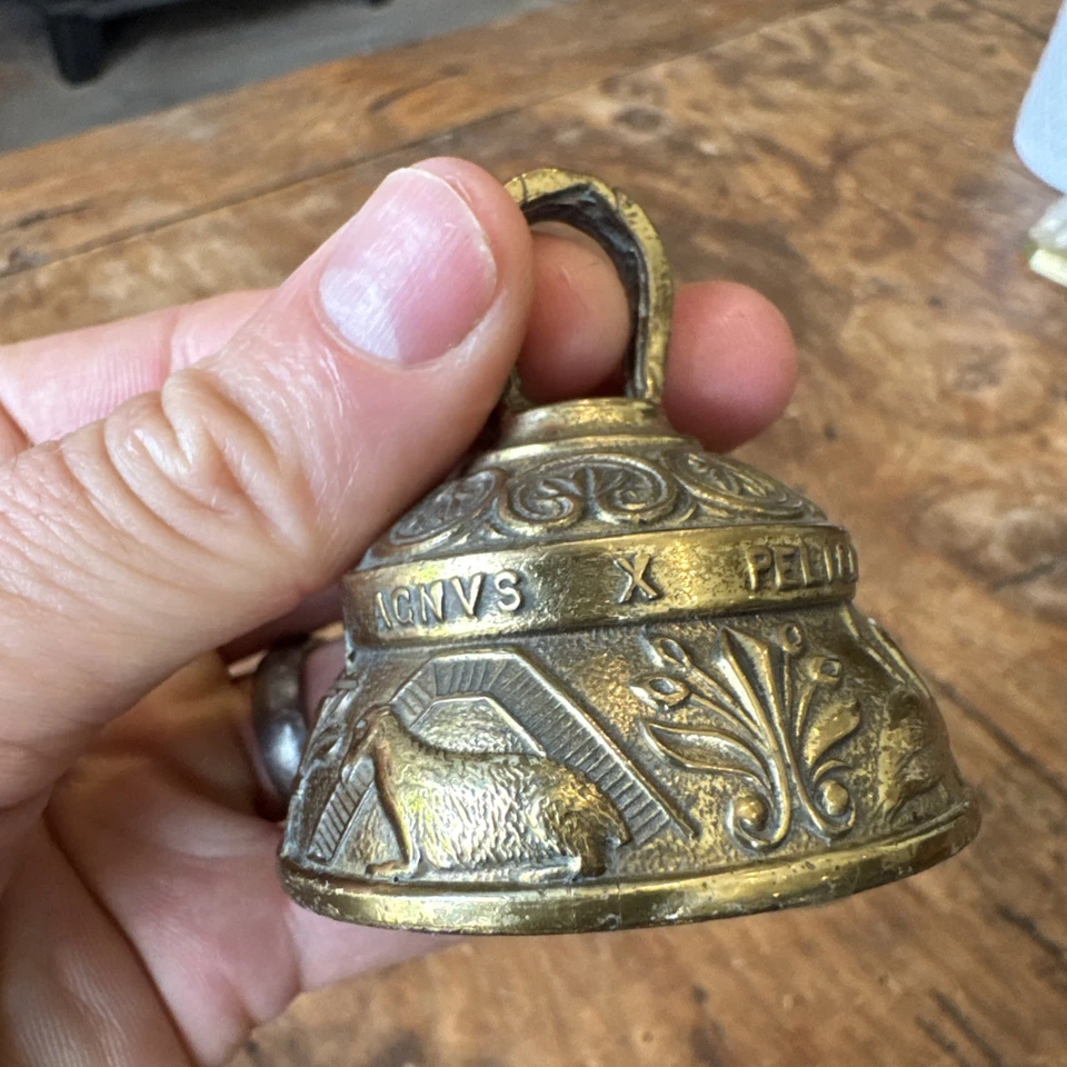 Vintage Brass & Metal Hand Bell Sanctuary Prayer Leo Aqvila Pelicanvs Religion   - Image 4 of 4
