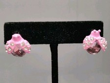 Small Pink LadyBug Lady Bug White Clear Rhinestone Gem Jewel Stud Post Earrings