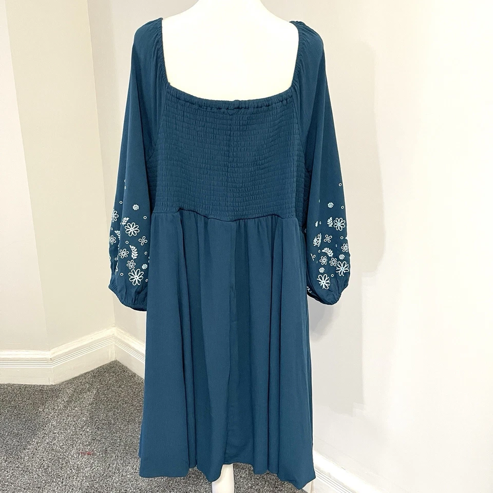 Vestido Torrid Mini Gasa Arrugada Manga Blusa Azul Talla 3X Calado Boho Cottage Foto 4 de 4