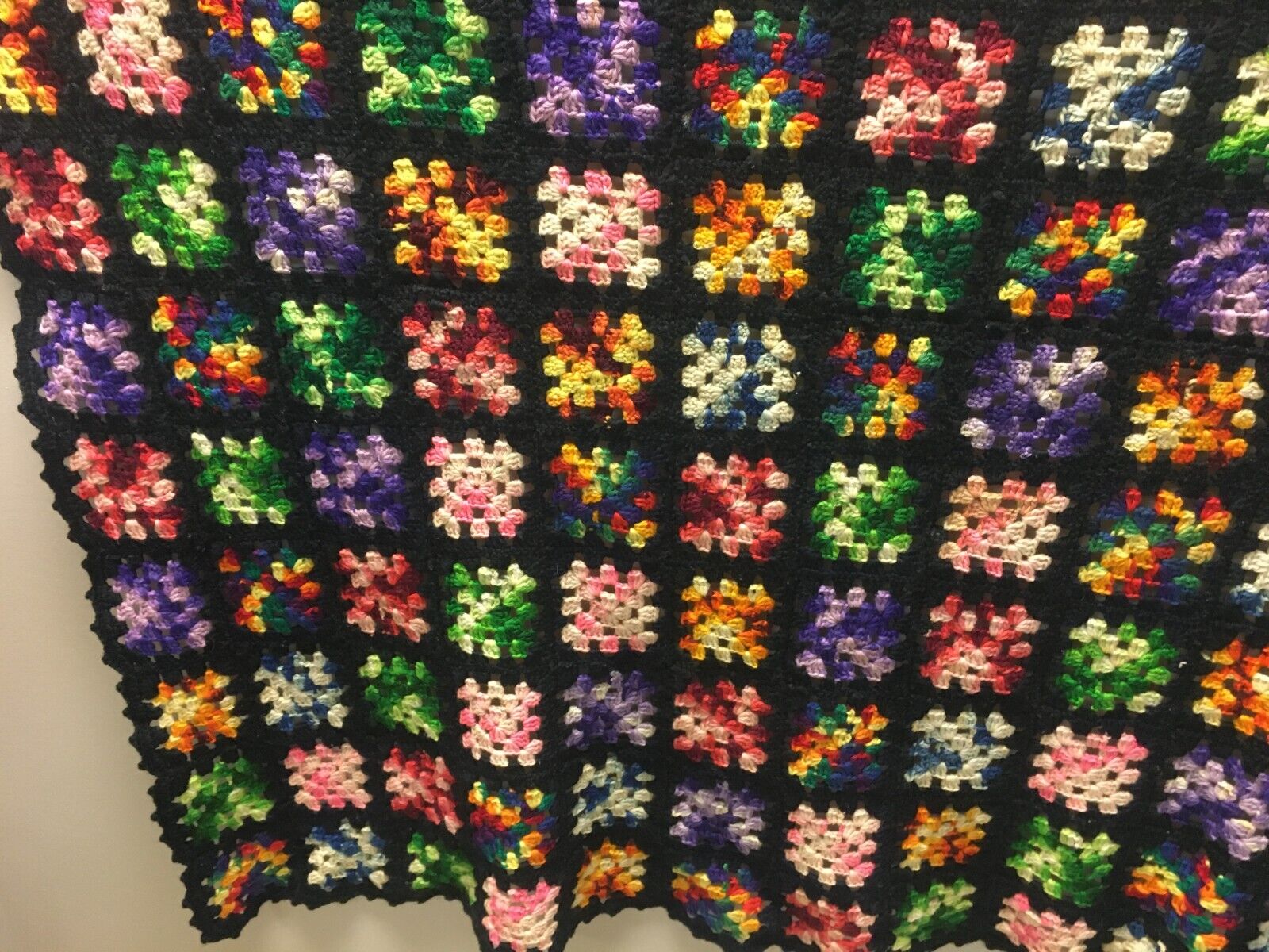 Crochet Afghan Granny Square Blanket Throw 48" X 56" Black Multicolor COLORFUL