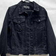 Plank NYC  Jacket Women Black Denim Biker Casual Cowgirl Buckle Beads (EB2)