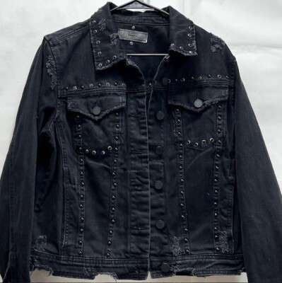 Plank NYC  Jacket Women Black Denim Biker Casual Cowgirl Buckle Beads (EB2)