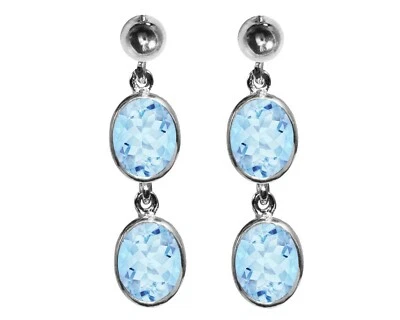 9ct Oro Blanco Natural Topacio Azul Ovalado Doble Colgante Pendientes de Presión - Imagen 1 de 4