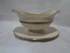 Lenox China Hamilton - Gravy Boat with Attached Underplate - Blue with Gold Trim