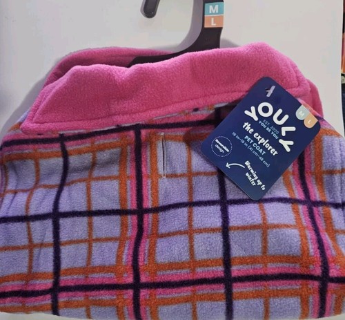 YOULY – Fleece Plaid Pet Coat – M/L – Purple/Pink/Orange