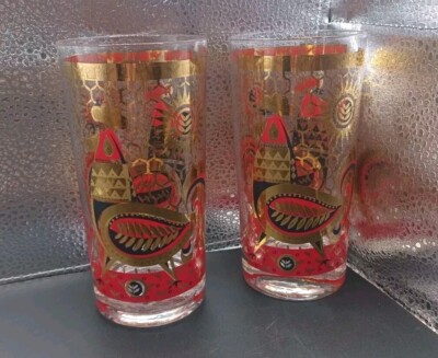 Set Of 2 George Briard Signed Gold Gilt Red Rooster Tumbler Glasses
