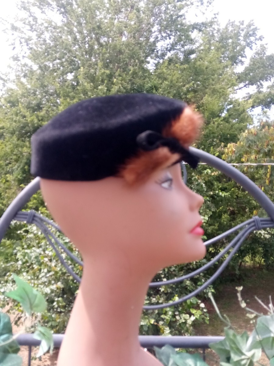 Vintage 50s Merrimac Deluxe Velour Fur Felt Beret Pillbox Hat Black Mod VTG 60s Deluxe Velour Merrimac Body Imported Fur Felt Hat  main image 4