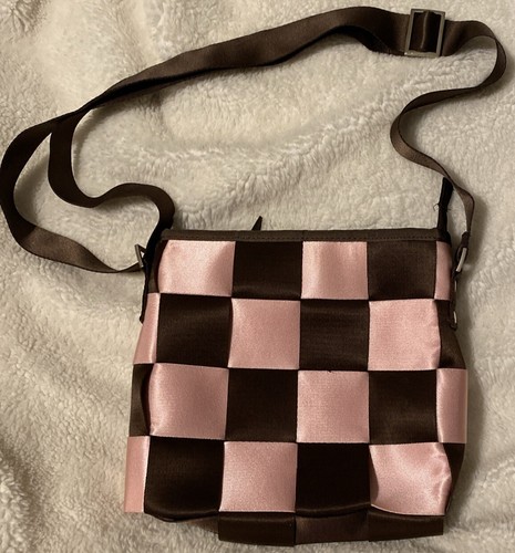 Brown & Pink Checkerboard Seatbelt 4’ Adjust Strap Purse Crossbody Bag 8T"x9W"