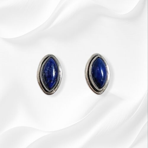 Solid 925 Sterling Silver Stud Earrings With Authentic Lapis Lazuli Gemstones - Picture 1 of 3