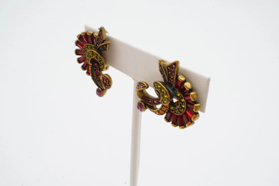 Clip On Earrings Brass Tone Red Green Orange Crystal - Image 4 of 4