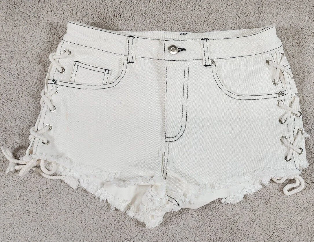 Denim white Jean Shorts Forever 21 Girls Size M Side laced knots