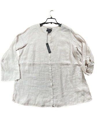 NWT TAHARI 100% European Flax/Linen Roll Tab Sleeve Button Down Shirt/Tunic 2X