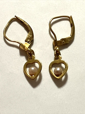 Vintage Gold Precious Metal W Germany Open Heart Pearl Dingle Earrings Signed FB