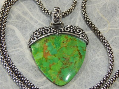 Vintage Barse Sterling Silver Necklace Green Turquoise Pendant 18'' Chain Estate