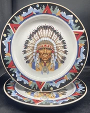 Set of 2 Tienshan Stoneware Indian Chief 10 3/4" Dinner Plates EUC