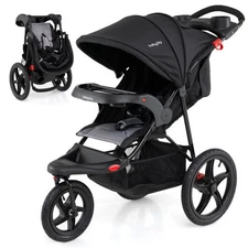 Foldable Jogging Stroller with Detachable Tray and Air-Filled Rubber Tires-Black