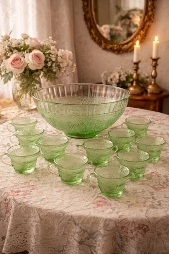 Indiana Glass Sandwich Pattern Green Depression Glass Punch Bowl Set (1931–1935)